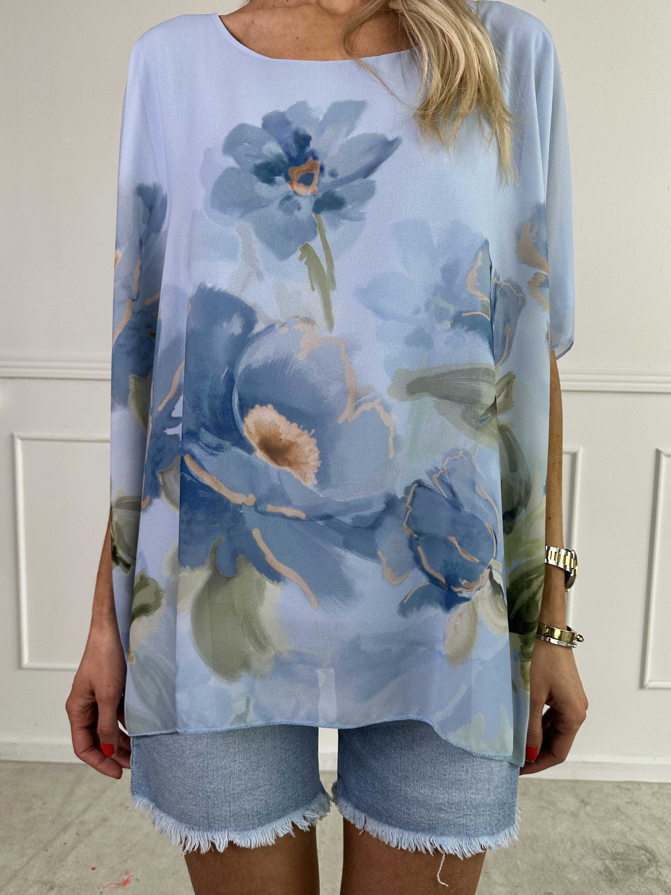 Mirabella Shirt - Söt tunika med löst chiffonglager med blommiga motiv